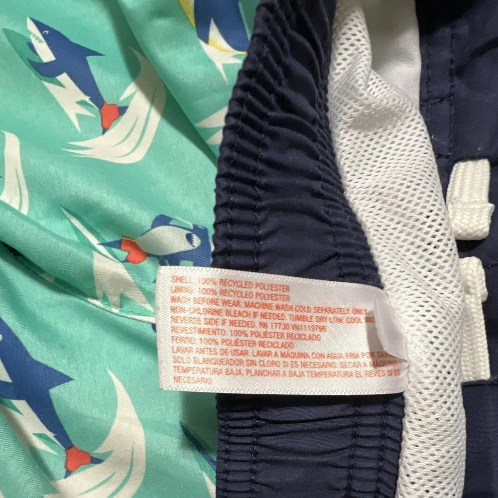 Cat & Jack Boys Shark Print Swim Trunks 4T Green Blue White Drawstring Lined